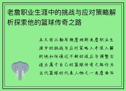 老詹职业生涯中的挑战与应对策略解析探索他的篮球传奇之路 老詹职业生涯中的挑战与应对策略解析探索他的篮球传奇之路