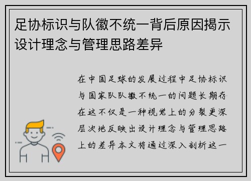 足协标识与队徽不统一背后原因揭示设计理念与管理思路差异