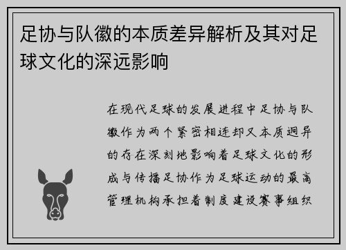 足协与队徽的本质差异解析及其对足球文化的深远影响 足协与队徽的本质差异解析及其对足球文化的深远影响